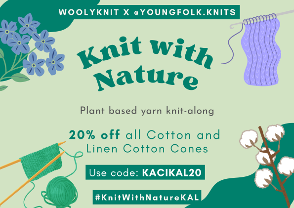 Image introducing our new knit a long collab with Kaci, based on our cotton  yarns